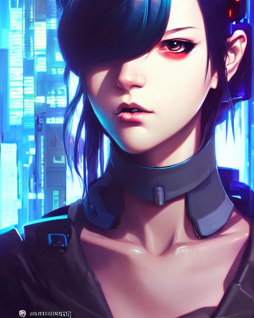 Image similar to a comic potrait of a cyberpunk cyborg girl with big and cute eyes, fine - face, realistic shaded perfect face, fine details. night setting. very anime style. realistic shaded lighting poster by ilya kuvshinov katsuhiro, magali villeneuve, artgerm, jeremy lipkin and michael garmash, rob rey and kentaro miura style, trending on art station