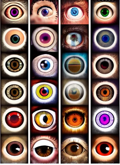 Image similar to diverse eyes!, dot pupils, round pupil, round iris, advanced art, art styles mix, from wikipedia, grid of styles, various eye shapes
