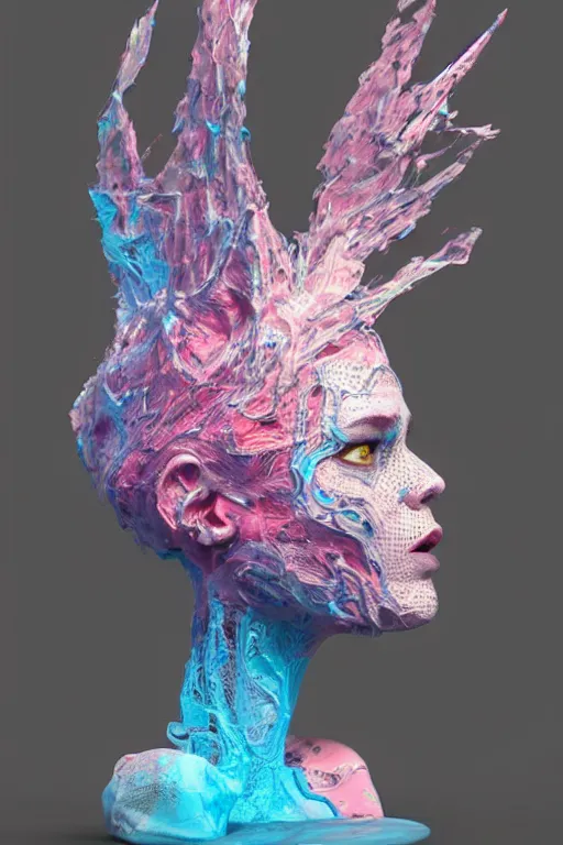 Prompt: epic 3 d abstract sculpture, perlin mesh liquid headdress, 2 0 mm, with pastel pink and cerulean hextech bursting, melting smoothly into other faces, liquid, delicate, beautiful, intricate, houdini sidefx, trending on artstation, by jeremy mann and ilya kuvshinov, jamie hewlett and ayami kojima
