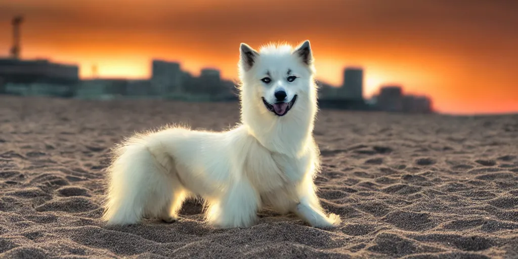 Image similar to a closeup photorealistic photograph of a robot cyborg japanese spitz on the beach at sunset. part dog part machine, pipes and wires glowing eyes. robot dog. part robot dog. hybrid machine dog. this 4 k hd image is trending on artstation, featured on behance, well - rendered, extra crisp, features intricate detail and the style of unreal engine. golden hour