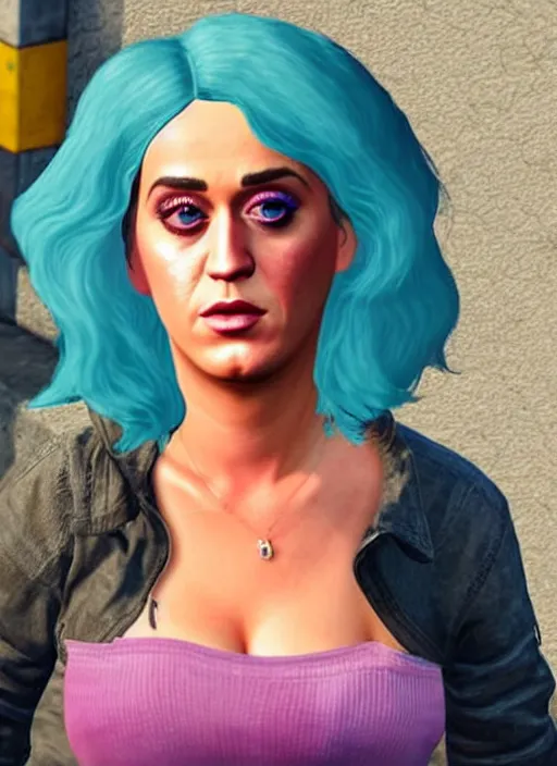 Image similar to full-body portrait of homeless Katy Perry, in GTA V, Stephen Bliss