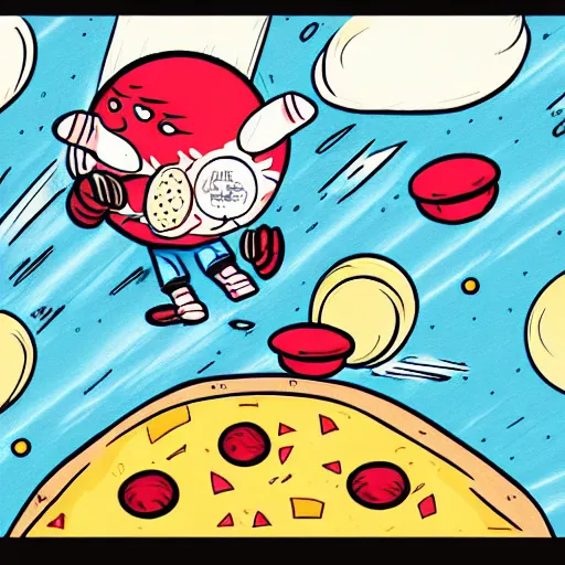 Prompt: an old comic book style drawing of a little boy flying through space eating pizza and cheese, where the planets are candy, hd, trending on artstation