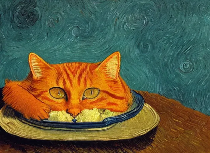 Image similar to detailed realistic realism painting of orange tabby cat eating lasagna at dusk, in the style of vincent van gogh and salvador dali and leonardo da vinci