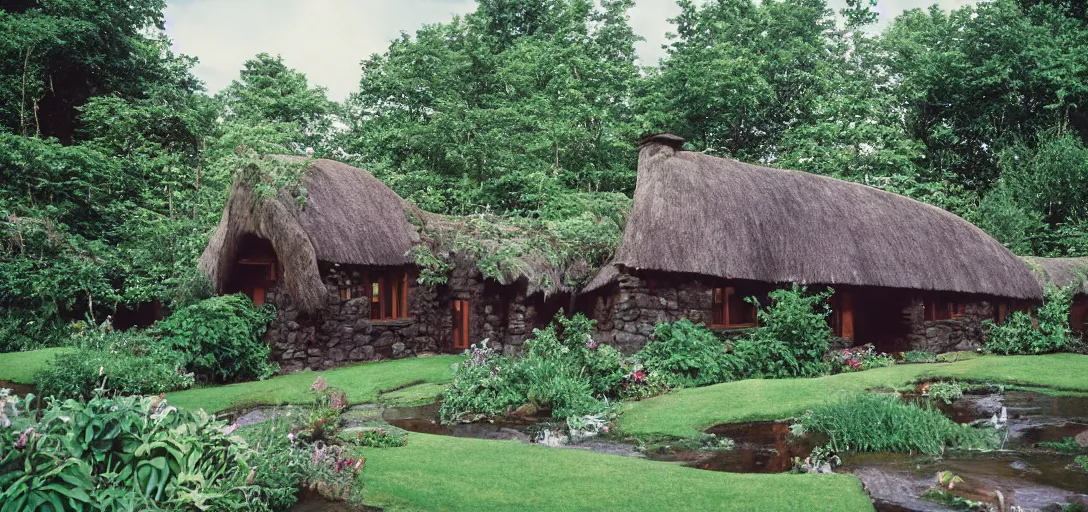 Image similar to scottish blackhouse designed by daniel burnham. outdoor landscaping designed by roberto burle marx. fujinon premista 1 9 - 4 5 mm t 2. 9. portra 8 0 0.