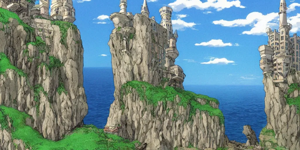 Prompt: A university built on the cliffs above the ocean, all from dark stone, with tall towers, art by Hayao Miyazaki, art by Studio Ghibli, anime