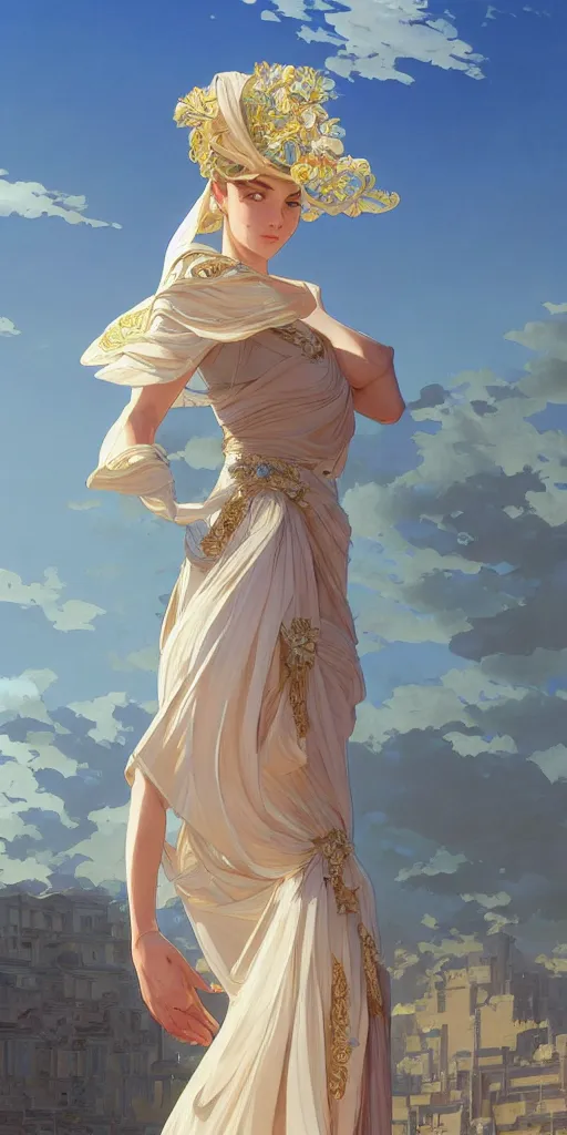 Image similar to mayor`s beautiful daughter, elegant dress, sand, intricate, highly detailed, digital painting, artstation, concept art, smooth, sharp focus, illustration, Unreal Engine 5, 8K, art by artgerm and greg rutkowski and alphonse mucha, by Jesper Ejsing, by RHADS, Makoto Shinkai and Lois van baarle, ilya kuvshinov, rossdraws