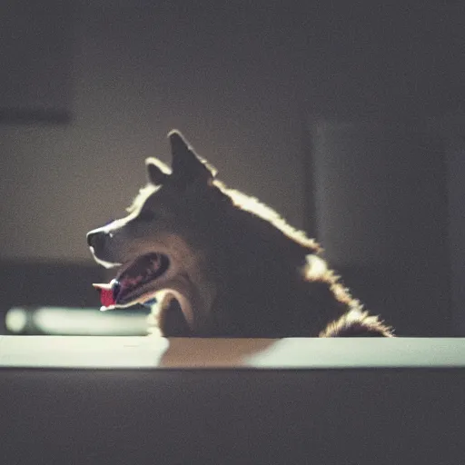 Prompt: barking angry dog on keyboard photo dramatic lighting