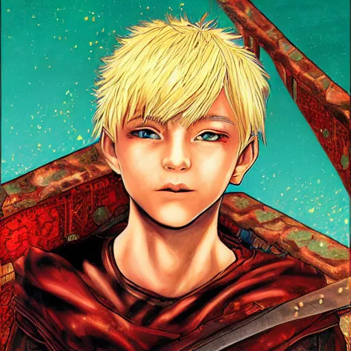 Prompt: an epic fantasy comic book style portrait painting of a young blonde boy thief in the style of yoshitaka amano