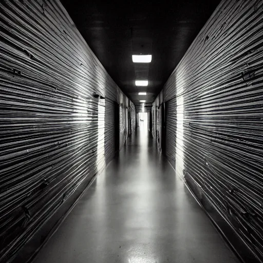 Prompt: a high-quality photo of a long and dark corridor in a scientific facility with a massive blood-oozing amorphous blood clot monster composed of muscle, bones, and writhing tendrils made of muscles and tendons lurking in the darkness, partially illuminated only by the camera flash, numerous dimly glowing eyes