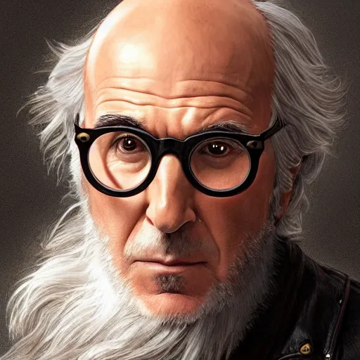 Image similar to portrait of larry david, soft hair, muscular, half body, leather, hairy, d & d, fantasy, intricate, elegant, highly detailed, digital painting, artstation, concept art, smooth, sharp focus, illustration, art by artgerm and greg rutkowski and alphonse mucha