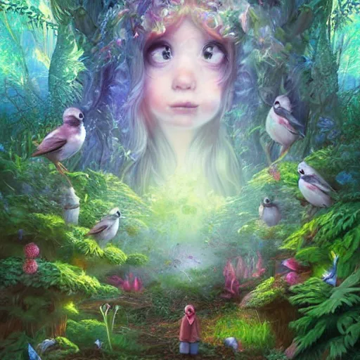 Prompt: magical forest, birds, child forest, highly detailed facez, stra ge creatures, artwork, digital art, fantasy