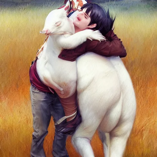 Image similar to a person hugging a large white animal, a detailed painting by krenz cushart, pixiv contest winner, fantasy art, official art, detailed painting, pixiv. highly detailed. 4 k masterpiece. photo realistic. realism. photorealism wideshot