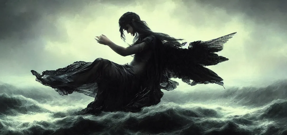 Image similar to 8 k art photography shot art shot, hyperrealistic, hyperdetailed, super detailed, uhd, uhd, 8 k, high resolution, a fallen angel in black fluid simulation, painting by ross tran and ivan aivazovsky, black water