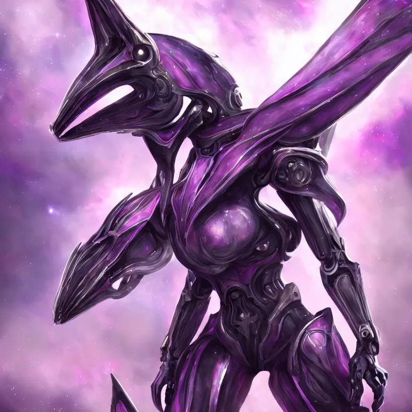 Image similar to cinematic front shot, cosmic sized proportional stunning beautiful hot female warframe, detailed robot mecha female dragon head, metal ears purple eyes, sleek silver armor, fuschia skin, floating in empty space, nebula sized, posing elegantly, epic proportions, epic size, epic scale, furry art, dragon art, giantess art, warframe fanart, furaffinity, deviantart