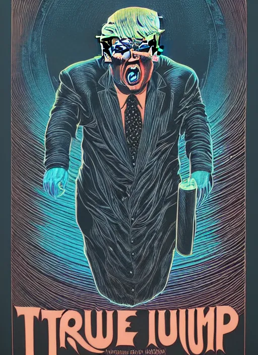 Image similar to risograph of donald trump's grotesque true form revealed, horror, high details, intricate details, by vincent di fate, artgerm julie bell beeple, 1 9 8 0 s, inking, vintage 8 0 s print, screen print