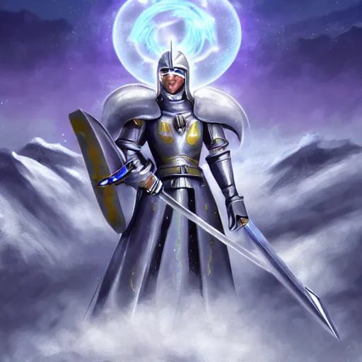 Image similar to paladin wearing silver amour with mirror finish, wielding a longsword that gleams like the sun. he is wearing a teutonic helmet, inside his eyes glow like the sun. sonic the hedgehog is also there. background of snowy mountains. fantasy painting.