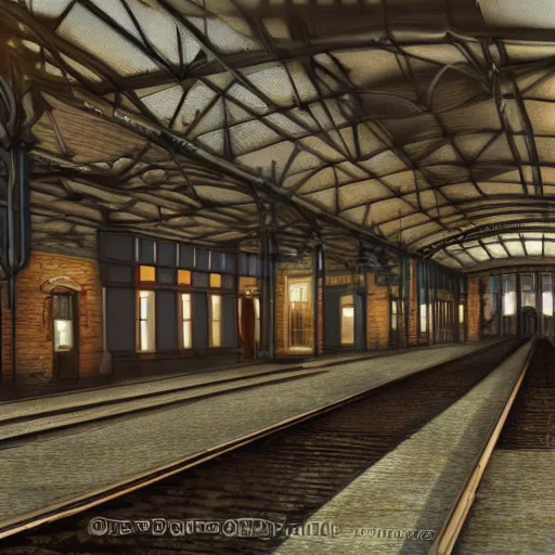 Image similar to realistic digital painting of a steampunk train station, Victorian, futuristic