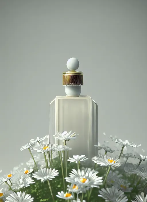 Image similar to perfume bottle standing in white enchanted coral garden of daisies, roses in an ivory room well contoured smooth fair walls, up close shot, sharp focus, global illumination, radiant light, alexandre ferra white mecha, irakli nadar, octane highly render, 4 k, ultra hd,