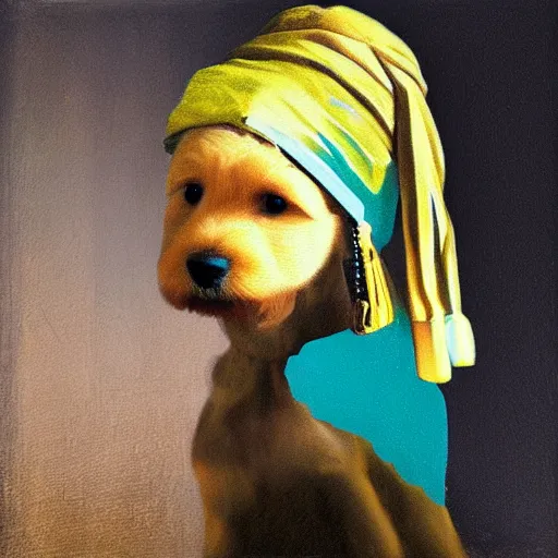 Prompt: painting of a mini goldendoodle puppy, smiling, tongue is sticking out, posed in the style of johannes vermeer girl with a pearl earring painting, hyperrealistic, ambient lighting, golden hour