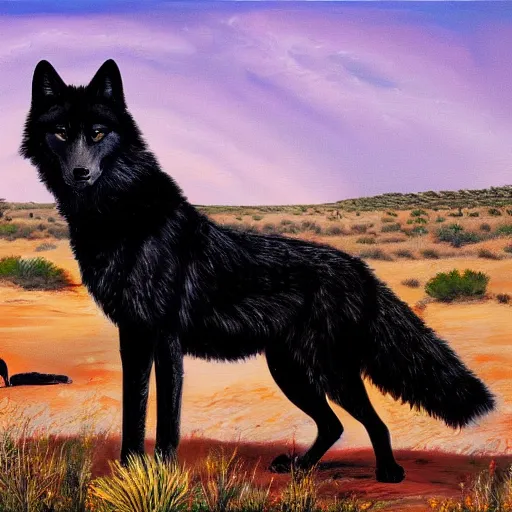 Prompt: black wolf in an australian desert, painting