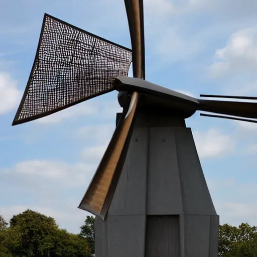 Prompt: [Sculpture of St.Georges slaying a windmill in the style of futurist brutalism, concrete, in an art gallery]