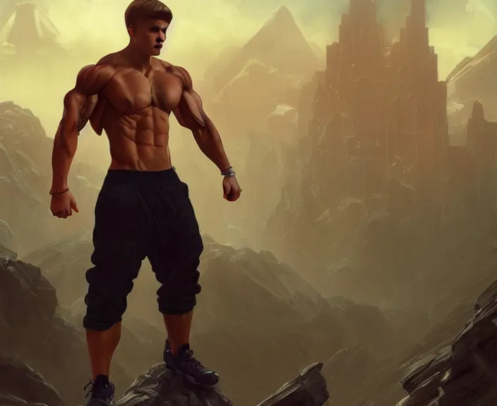 Prompt: An athletic Justin Bieber as a body builder in a Horizon Forbidden West loading screen, muscular, ripped, intricate, dystopian, fantasy, extremely detailed, digital painting, artstation, concept art, smooth, sharp focus, illustration, stark lighting, incredible art by artgerm and greg rutkowski and alphonse mucha and simon stalenhag