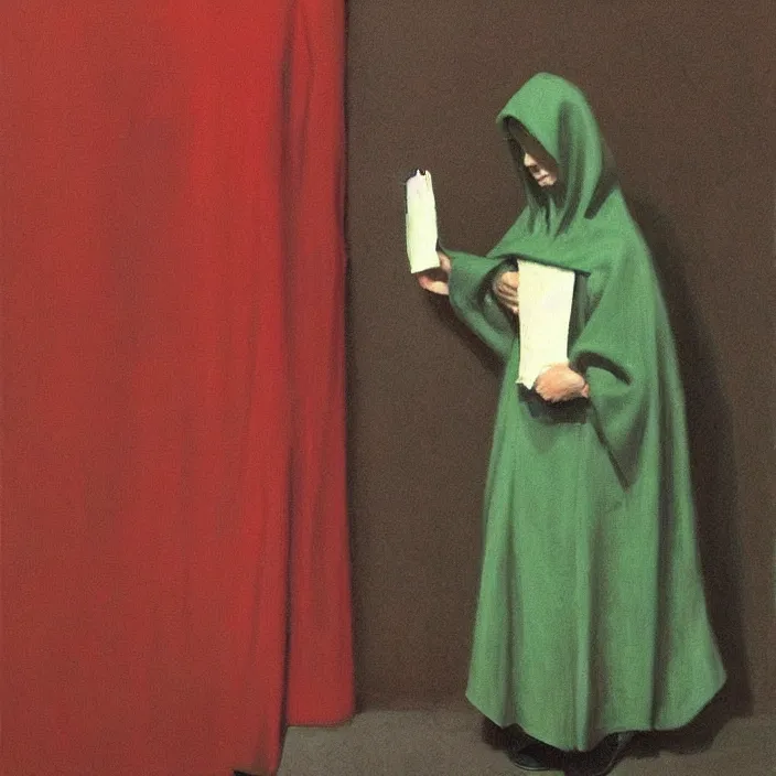 Image similar to woman in black robed, back to us, arms to the sides, dressed in red paper bags, holding stack of green paper bags, highly detailed, artstation, art by edward hopper, zdislav beksinski, wayne barlowe, edward hopper