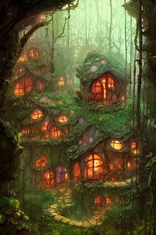 Prompt: a storybook style ramshackle multistory fairytale hut in the forest, artwork by Marc Simonetti