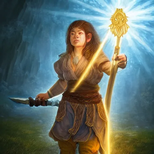 Prompt: full body portrait of a female halfling hobbit monk fistfighter warrior, hallucinating a holy vision of her goddess of mist and light, flowing robes and leather armor, detailed dynamic light painting by albrecht anker