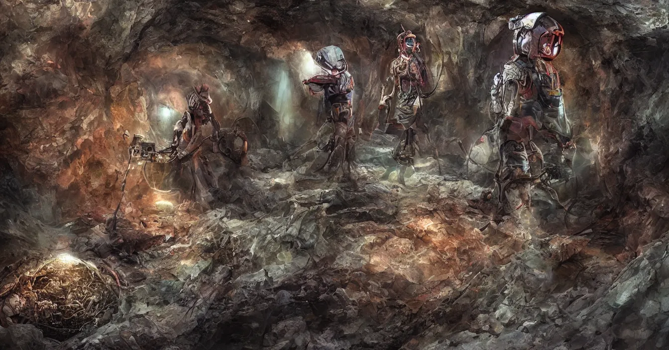 Prompt: futuristic archaeologist from 2 3 rd century is excavating buried ugly alien nest hidden in deep dark wet cave, deep sense of horror atmosphere, visual fidelity and plasticity, depth defocus, digital art, vivid colors, in style of fenghua zhong