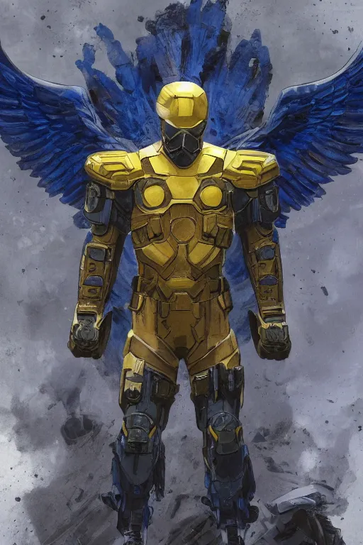 Prompt: A front view shot of a super soldier with a Ukrainian blue and yellow uniform with angel wings that is standing on a pile of skulls in triumph, Call of Duty, marvel comics, dark, rays of light, intricate, highly detailed, smooth, artstation, digital illustration by Ruan Jia and Mandy Jurgens and Artgerm and Wayne Barlowe and Greg Rutkowski and Frank Frazetta