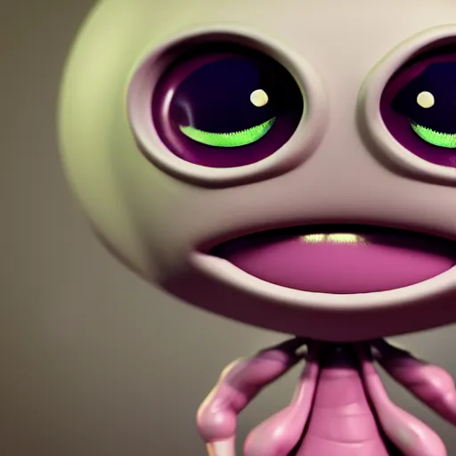 Image similar to photo of a comically tiny clay model of character with large spherical purple head and large childlike eyes with comically tiny body and spindly limbs leans close to the camera, fish eye lens, 4 k, hyper realistic, hyper detailed face, octane render, comedic, cute