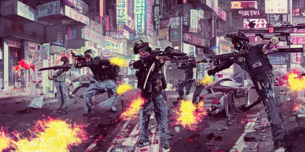 Image similar to 1991 Video Game Screenshot, Anime Neo-tokyo Cyborg bank robbers vs police shootout, bags of money, Police officer hit, Bullet Holes and Blood Splatter, Hostages, Smoke Grenade, Cyberpunk, Anime VFX, Violent, Action, Fire fight, FLCL, Free-fire, Highly Detailed, 8k :4 by Katsuhiro Otomo + Studio Gainax + Arc System Works : 8