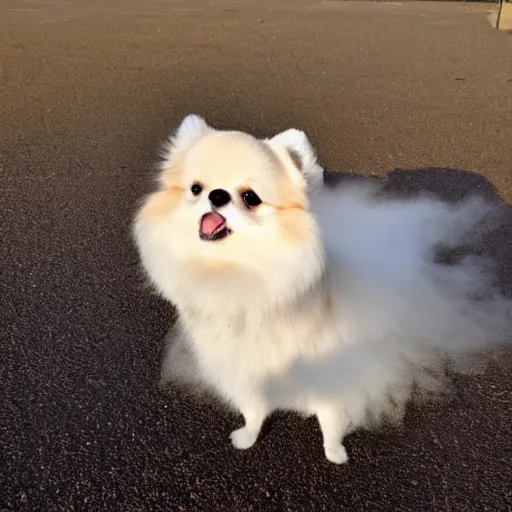 Prompt: a Pomeranian with no legs hopping through clouds, rays of sunshine