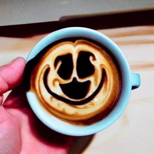 Image similar to instagram photo of latte art of a creepy scary face