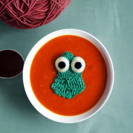 Image similar to a bowl of soup that looks like a monster, all as knitted yarn