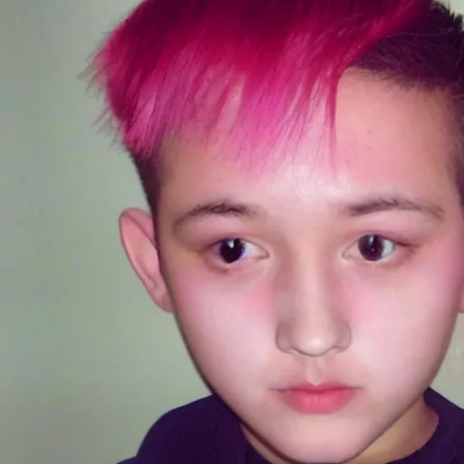 Prompt: selfie of a small boy with pink - red skin, thick lips, very pink face, thin eyebrows, short light brown hair, puffy face, small ears, high on edibles