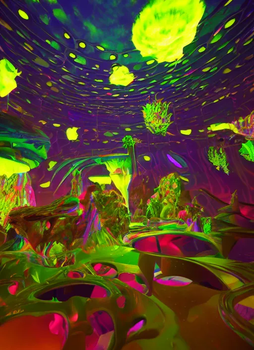 Image similar to : abstract glossty shapes immersive experience meowwolf dalle2 macro lens 3d render unity unrealengine octane