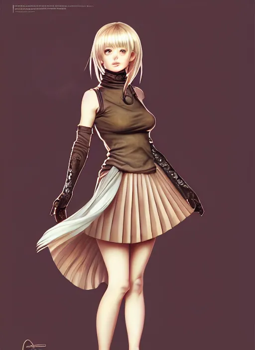 Image similar to portrait of a full body of beautiful young female detective, d & d, sleeveless turtleneck, pleated skirt, fantasy, flat lighting, intricate, highly detailed, digital painting, artstation, concept art, smooth, sharp focus, illustration, misa amane, art by simon bisley and greg rutkowski and alphonse mucha, natural tpose