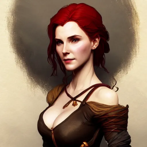 Prompt: Triss Merigold from The Witcher, D&D, fantasy, intricate, elegant, highly detailed, digital painting, artstation, concept art, matte, sharp focus, illustration, art by Artgerm and Greg Rutkowski and Alphonse Mucha