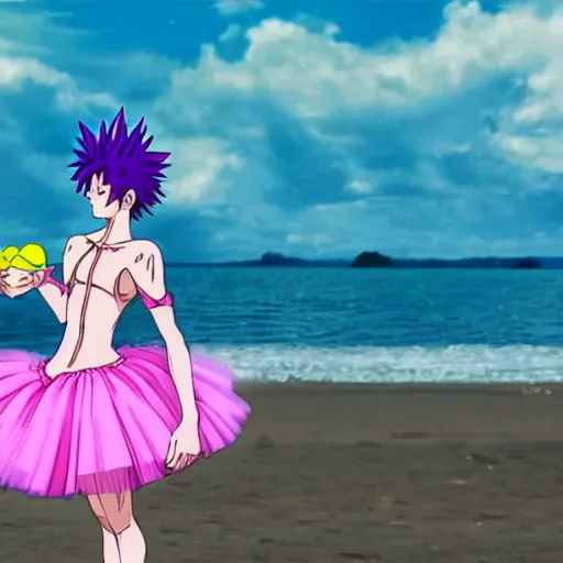 Image similar to hisoka from hunter x hunter wearing a pink tutu ballet dress with a shiny chrome banana in his hand while standing on a rainy beach with girls in colorfull bikini ‘ s in the back, anime style, 4 k, high detail,
