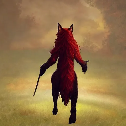 Prompt: fantasy art of a noble red werefox walking upright and looking over his shoulder, photorealistic