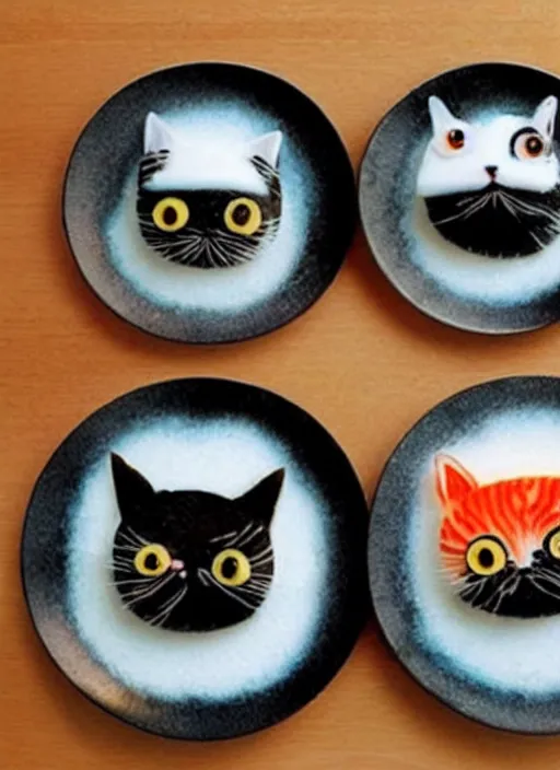 Image similar to clear surrealist painting of adorable cats made from sushi rice, sitting on sushi plates with garnish