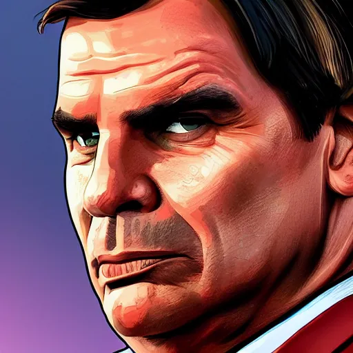 Prompt: Jair Bolsonaro in GTA V, Cover art by Stephen Bliss, Boxart, loading screen