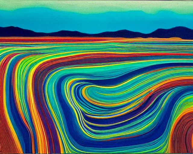 Prompt: A wild, insane, modernist landscape painting. Wild energy patterns rippling in all directions. Curves, organic, zig-zags. Saturated color. Mountains. Clouds. Rushing water. Waves. Sci-fi dream world. Wayne Thiebaud. Lisa Yuskavage landscape.