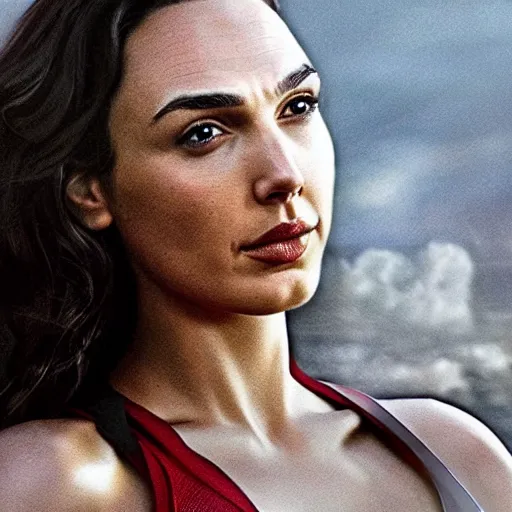 Prompt: an potrait of gal Gadot cast of movie man of steel and wearing a superman suit, photorealistic high detail, view from below, full shot body.