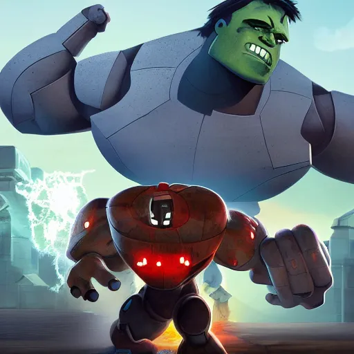 Image similar to epic battle between the iron giant and the incredible hulk, digital art, game art, character design, trending on artstation, ultra realistic, ultra detailed