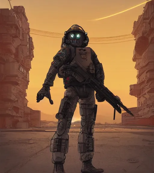 Image similar to a cyberpunk soldier with tactical gear and a rifle patrols a Japanese city on mars, Industrial Scifi, detailed illustration, character portrait, by Martin Grip and Moebius