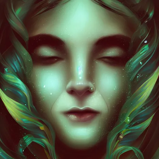 Prompt: face portrait of a woman underwater inspired by lois van baarle, iridescent, bubbles, seaweed