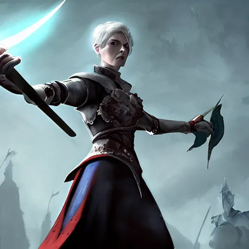 Prompt: dragon age character wynne, 5 0 years old woman ash white long hair tied bun, holding long staff red orb, casting blue magic, smirk, background full of war silhouettes, fighting darkspawn, full body, epic, d and d, cinematic, dynamic lighting, concept art, rich color, bioware, by greg rutkowski